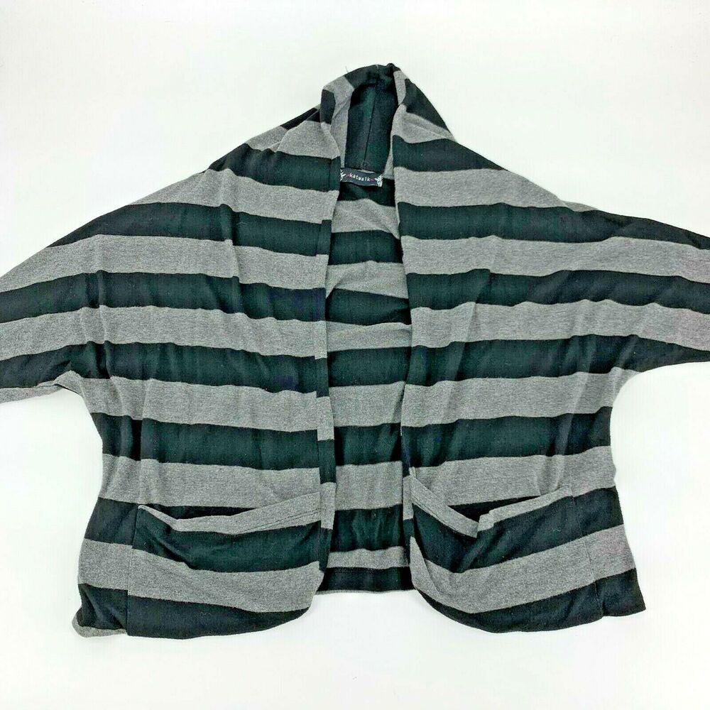 Katwalk Womens Cardigan Gray Opened Sweater Striped Long Sleeve Pockets